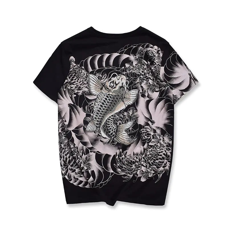 Japanese Retro Embroidered Koi Fish T-Shirt for Men
