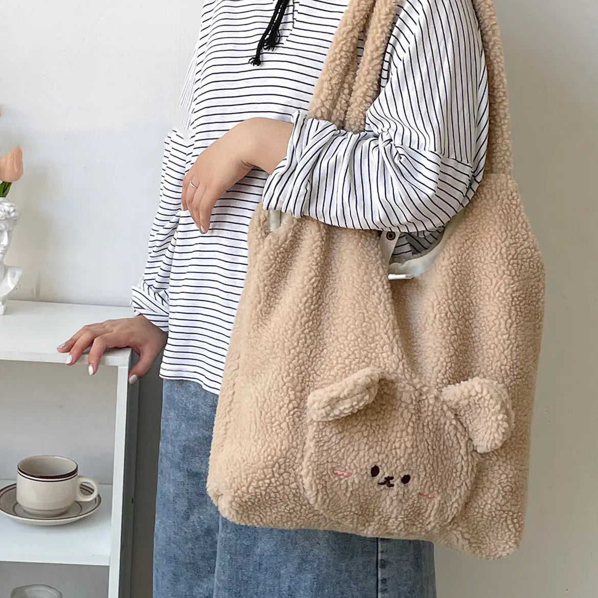 Personalized 3D Cartoon Bear Wool Shoulder Bag for Women
