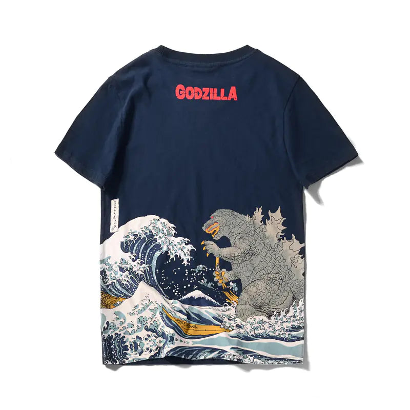 Japanese Style Godzilla Print Cotton T-Shirt for Men