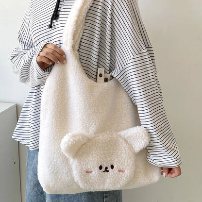 Personalized 3D Cartoon Bear Wool Shoulder Bag for Women
