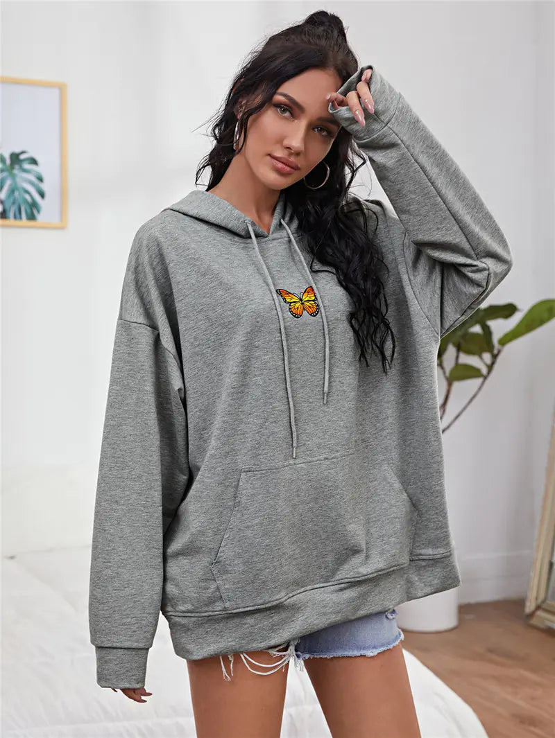 Printed Hooded Drawstring Sweatshirt with Drop-shoulders