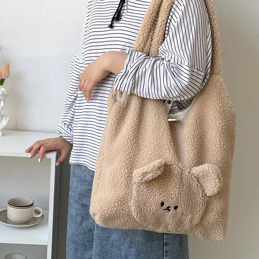 Personalized 3D Cartoon Bear Wool Shoulder Bag for Women