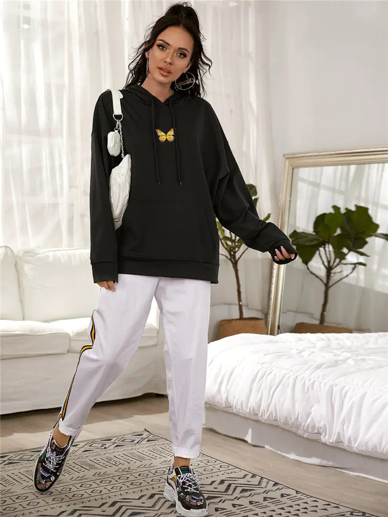 Printed Hooded Drawstring Sweatshirt with Drop-shoulders