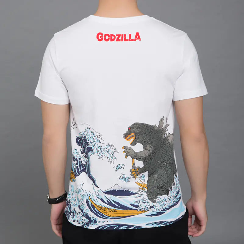 Japanese Style Godzilla Print Cotton T-Shirt for Men