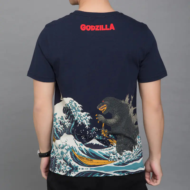 Japanese Style Godzilla Print Cotton T-Shirt for Men